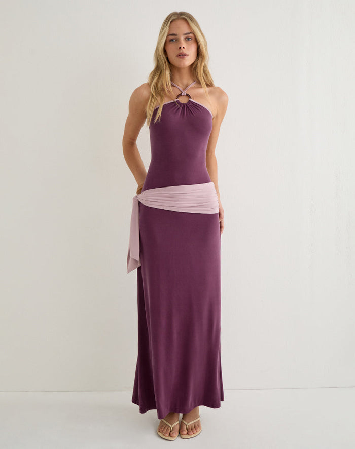 Image of Moisa Maxi Dress in Cupro Deep Purple and Dusty Pink