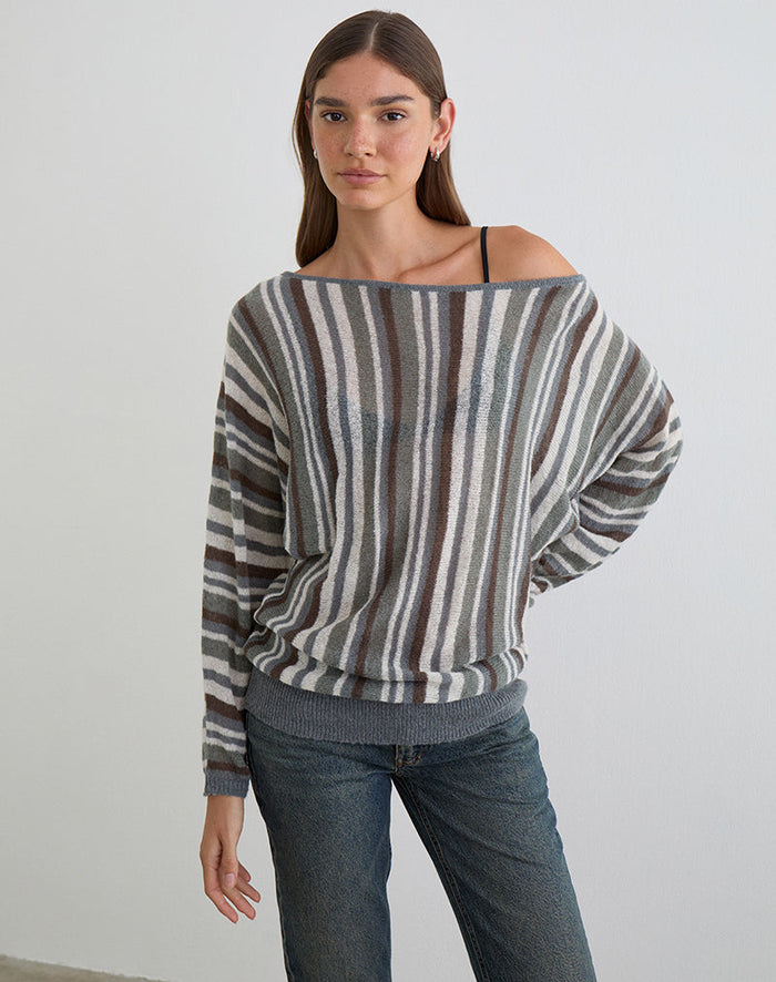 Image of Monara Off Shoulder Knit Top in Big Stripe Grey