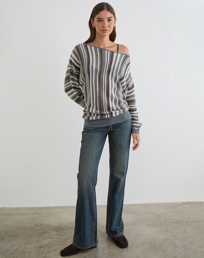 Image of Monara Off Shoulder Knit Top in Big Stripe Grey