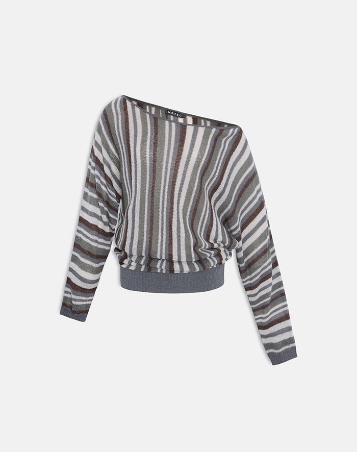 Image of Monara Off Shoulder Knit Top in Big Stripe Grey