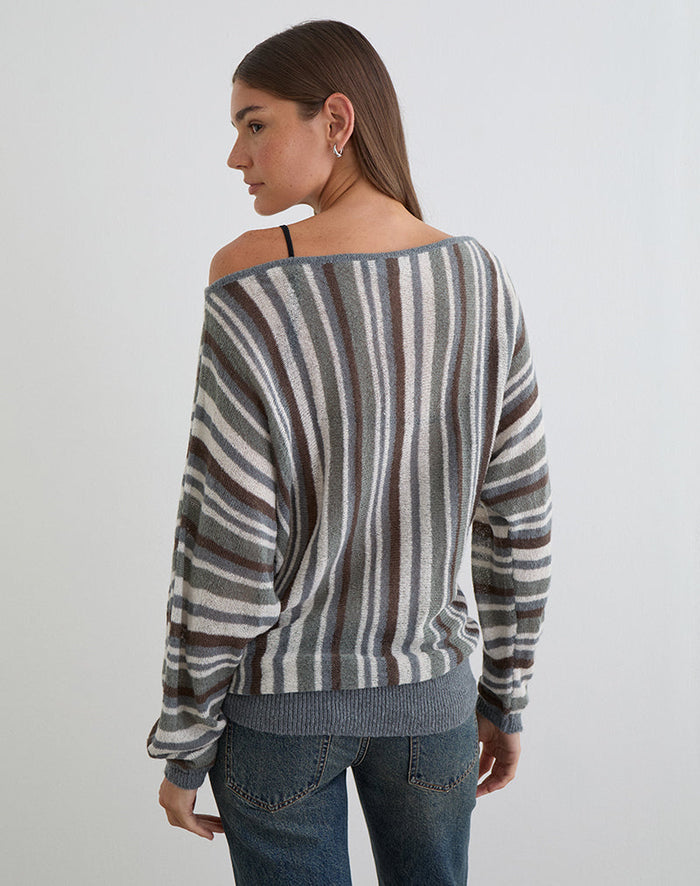 Image of Monara Off Shoulder Knit Top in Big Stripe Grey