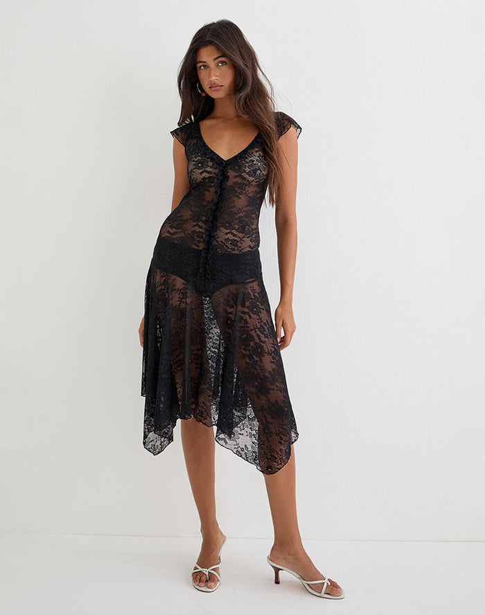 Image of Moselle Drop Waist Midi Dress in Lace Black