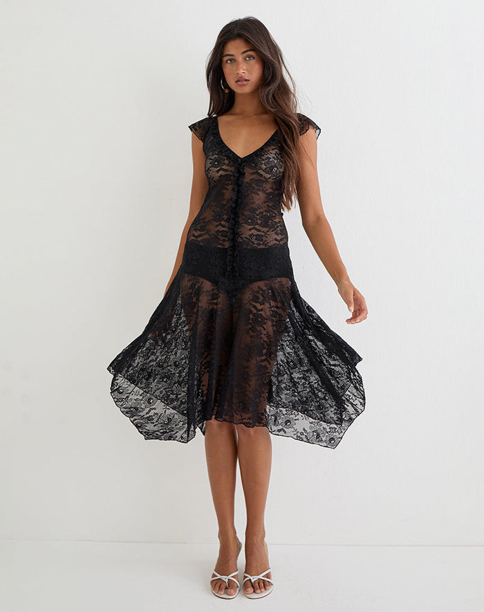 Image of Moselle Drop Waist Midi Dress in Lace Black