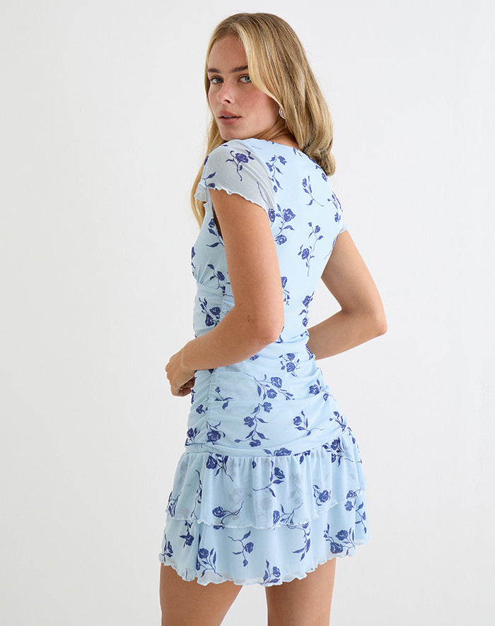 Image of Mowgli Cap Sleeve Mini Dress in Thin Leafy Blue