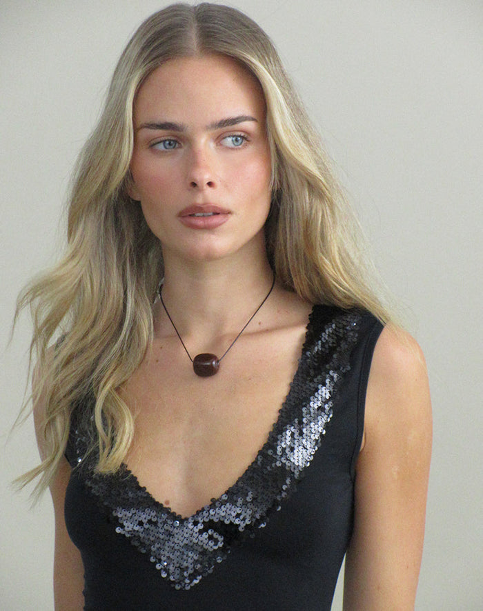 Image of Nahia Top with Sequin Trim in Cupro Black