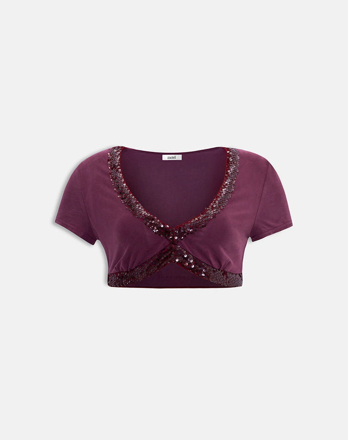Image of Nako Bolero Top in Cupro Deep Purple with Sequin Trim