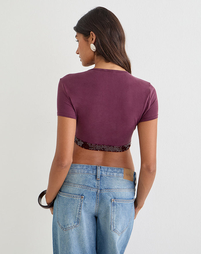 Image of Nako Bolero Top in Cupro Deep Purple with Sequin Trim