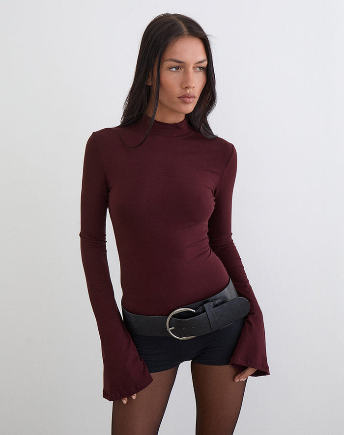 Image of Nell High Neck Long Sleeve Top in Dark Plum