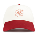 The Roxy Next Level Cap is a women’s baseball hat in Hibiscus/White, made from cotton twill with a red brim and curved visor, featuring an embroidered red hibiscus flower outline on the front.