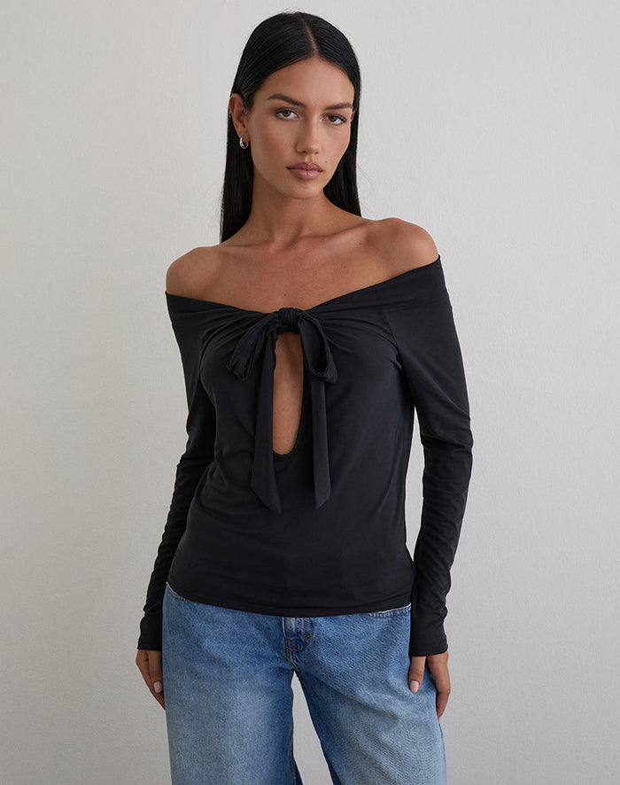 Image of Nezuko Multi Tie Long Sleeve Top in Cupro Black