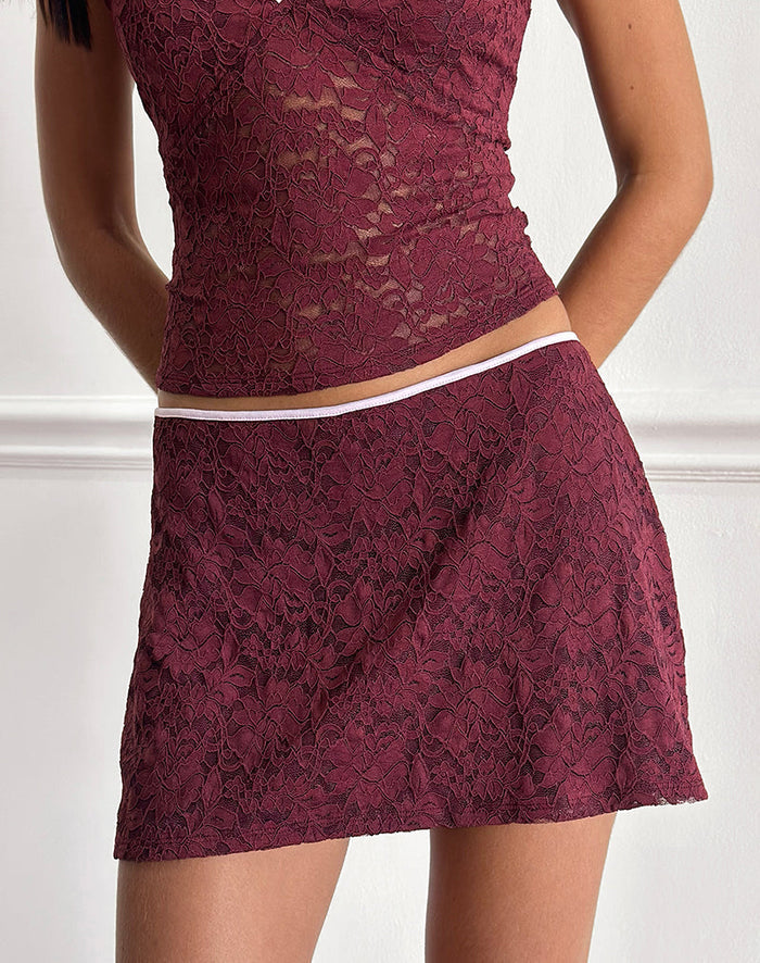 Image of Nidya Mini Skirt in Lace Burgundy with Pink Binding