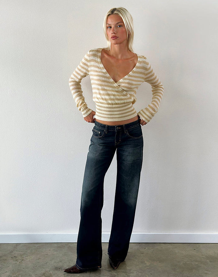 Image of Nilza Wrap Top in Knit Classic Stripe Cream Natural