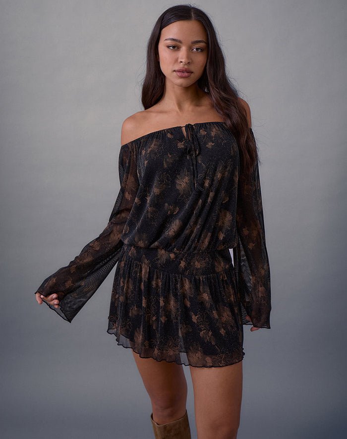 Image of Nisha Long Sleeve Mini Dress in Black with Bronze Shimmer