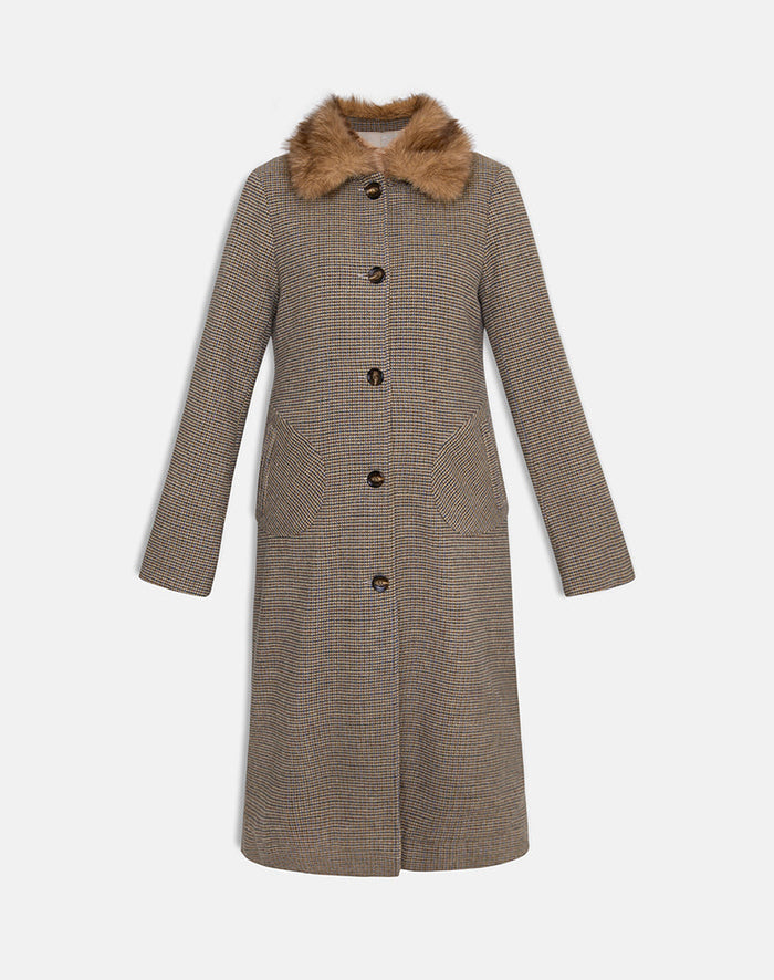 Image of Norciel Longline Coat in Check Brown with Fur Collar