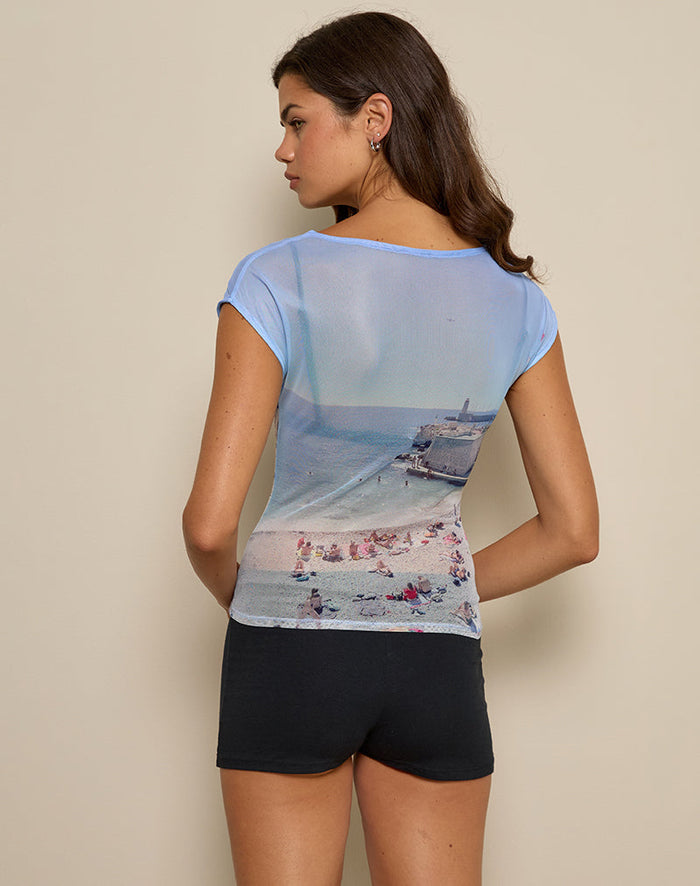 Image of Nova Top in Printed Mesh Cote D'Azur Blue Graphic