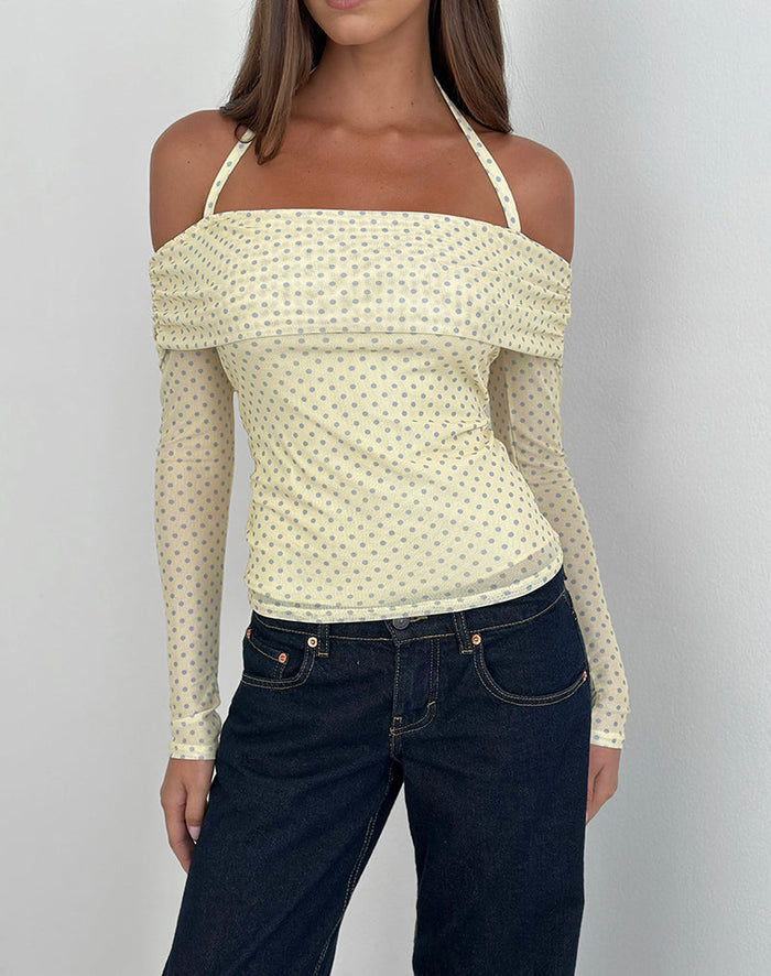 Image of Nunik Halterneck Top in Yellow with Compact Grey Polka