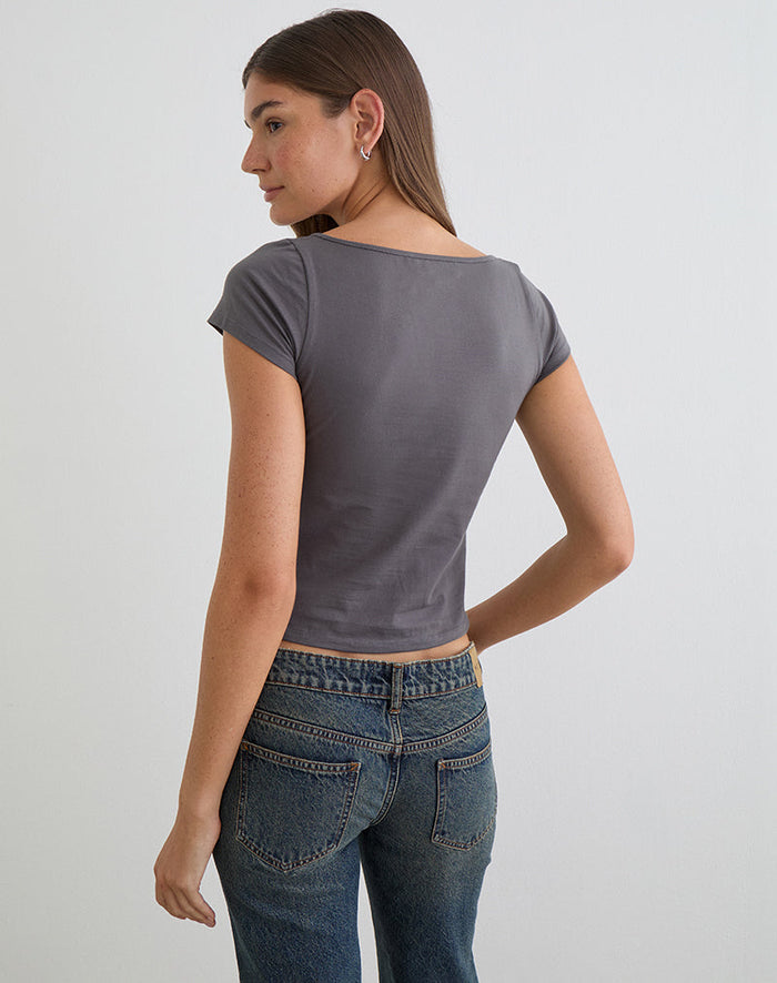 Image of Obanai Short Sleeve V Neck Top in Charcoal Grey