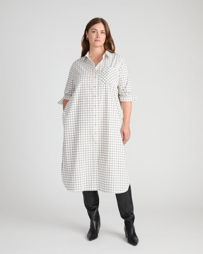 Odeon Stretch Poplin Shirtdress - White Windowpane Check | Plus Size & Straight Size Women's Fashion | Universal Standard