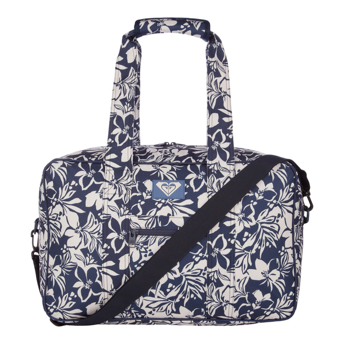 Introducing the Off Shore Duffel Bag by Roxy—a versatile travel companion crafted for your on-the-go lifestyle. Showcasing a stylish navy blue and white floral pattern, this duffel features two sturdy handles, a convenient shoulder strap, and a small front pocket to keep your essentials easily accessible.
