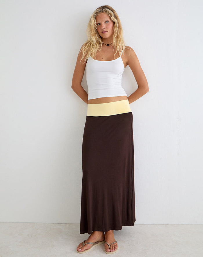 Image of Olie Maxi Skirt in Rayon Jersey Bitter Chocolate and Lemon Yellow
