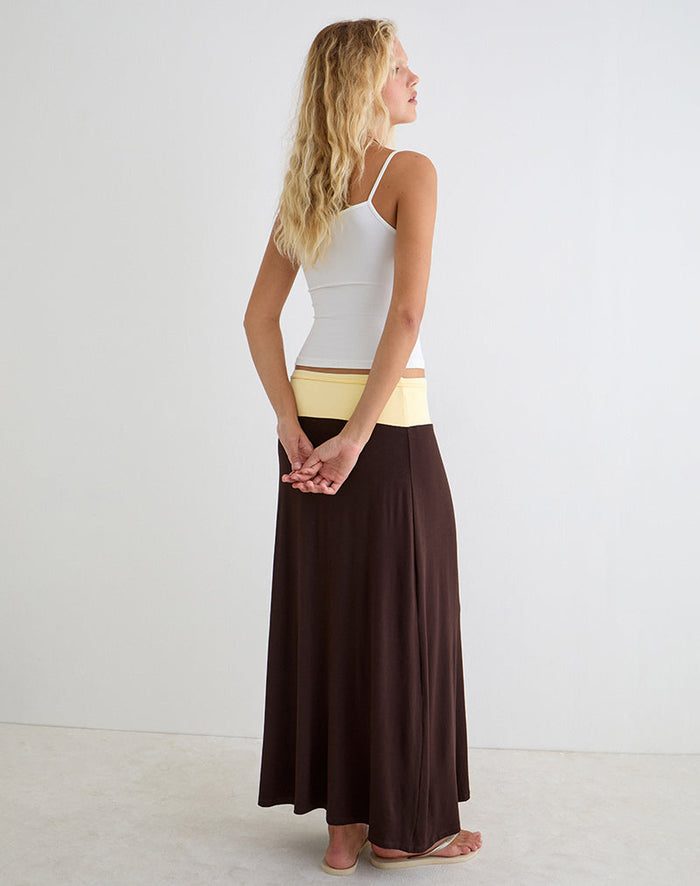 Image of Olie Maxi Skirt in Rayon Jersey Bitter Chocolate and Lemon Yellow