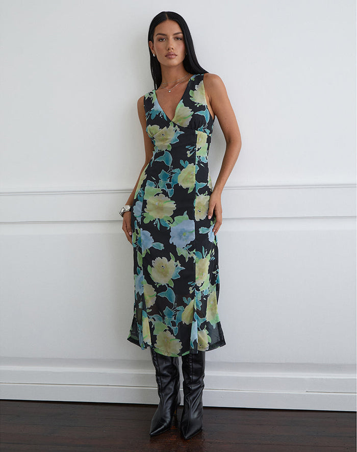 Image of Olydia Midi Dress in Black Chiffon with Crystal Flower Print