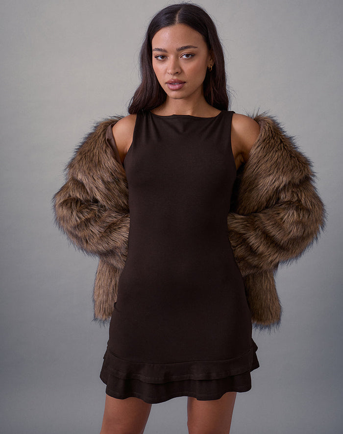 Image of Opaline Backless Mini Dress in Chocolate Brown
