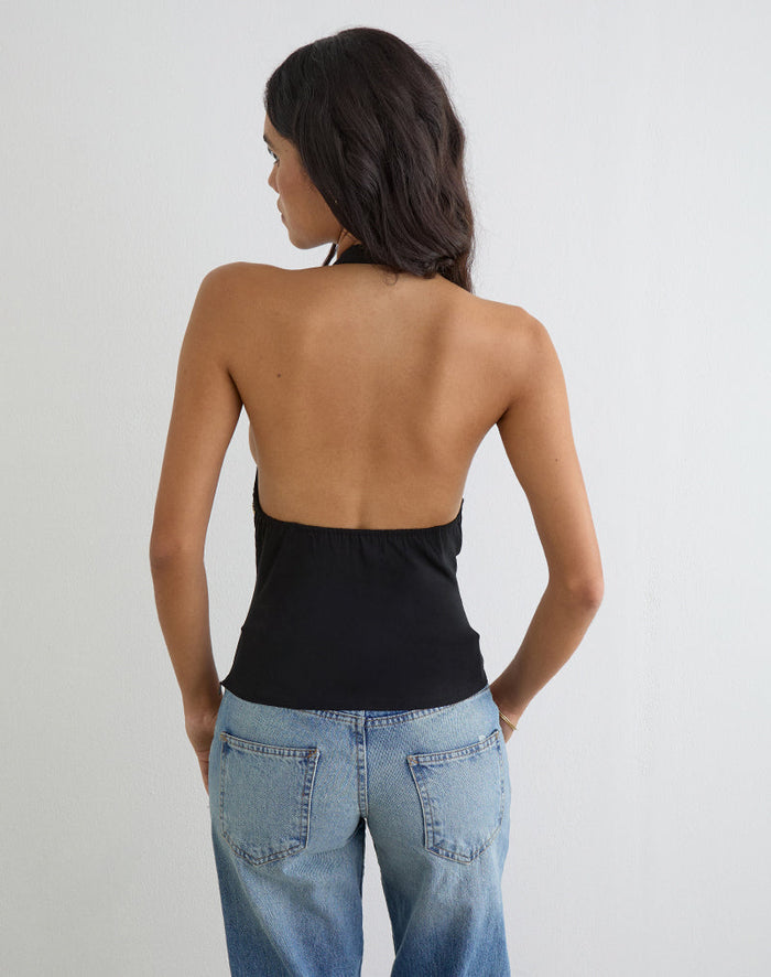 Image of Orvio Halter Top in Black with Embroidered Sequin Trim