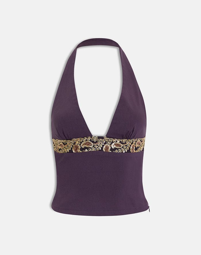 Image of Orvio Halter Top in Deep Purple with Embroidered Sequin Trim