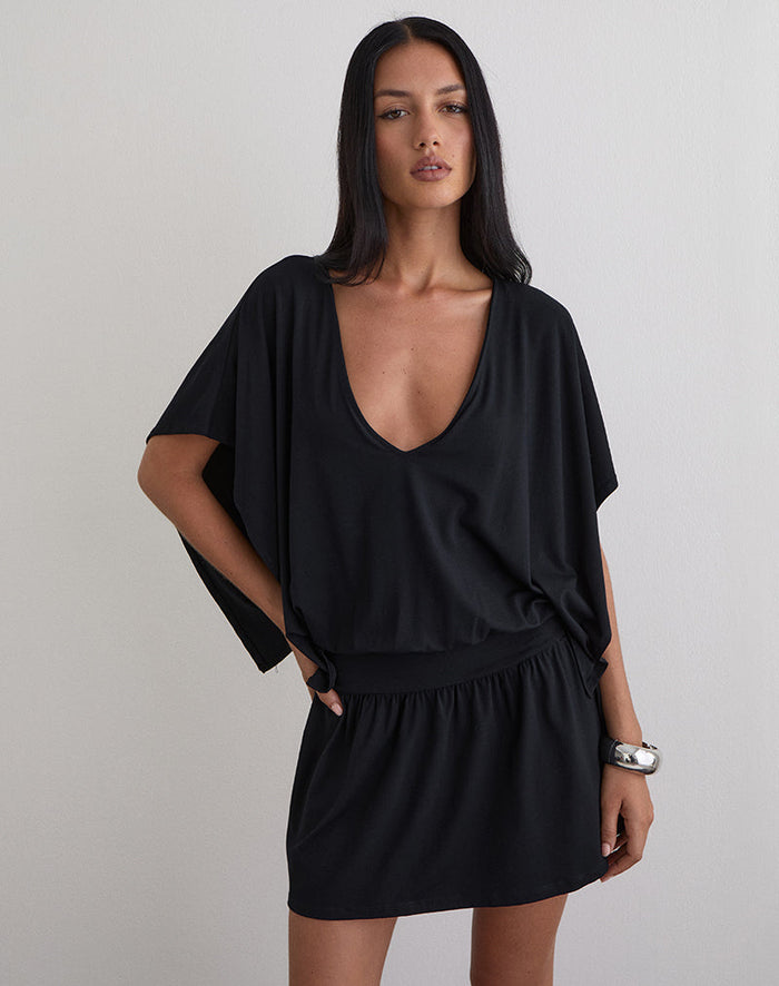 Image of Osiri Batwing Plunge Mini Dress in Jersey Black