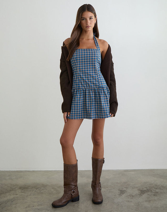 Image of Panja Mini Halter Neck Dress in Medium Tartan Blue
