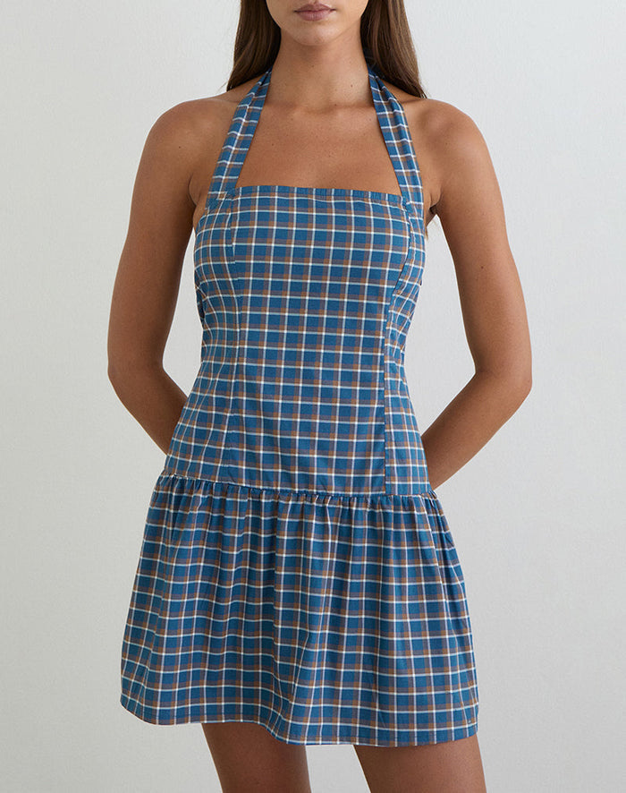 Image of Panja Mini Halter Neck Dress in Medium Tartan Blue