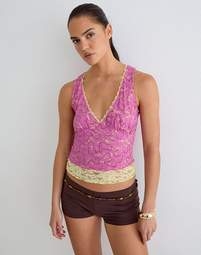 Image of Perai Top in Double Layer Sequin Lace Lime and Pink