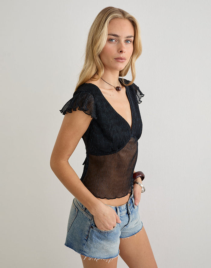 Image of Pharita V Neck Top in Plisse Black