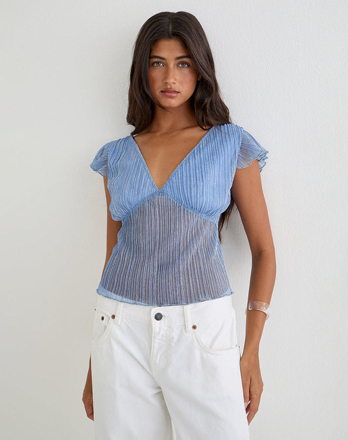 Image of Pharita V Neck Top in Plisse Blue