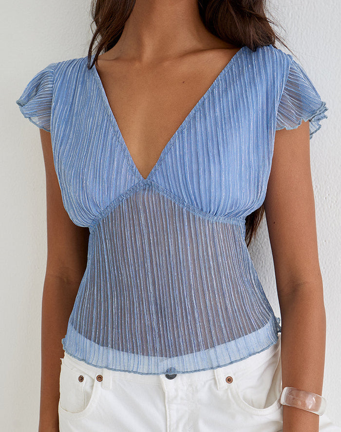 Image of Pharita V Neck Top in Plisse Blue