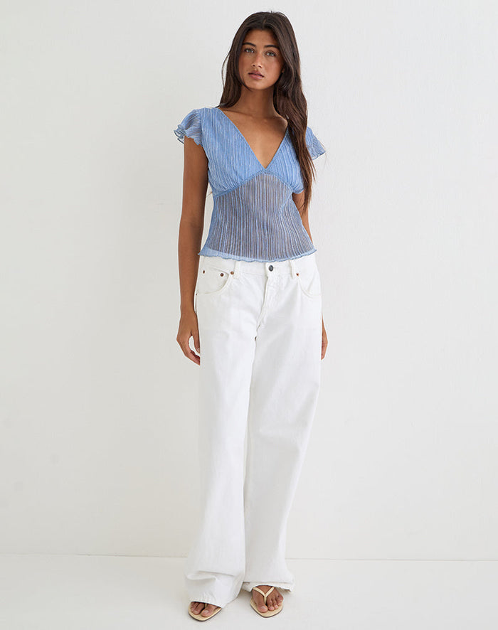 Image of Pharita V Neck Top in Plisse Blue