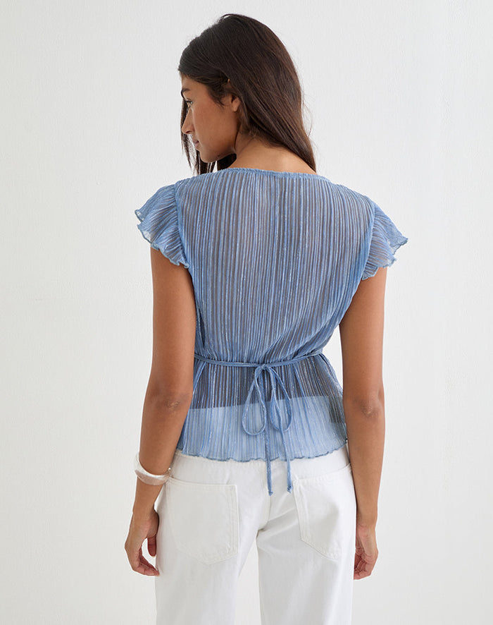 Image of Pharita V Neck Top in Plisse Blue