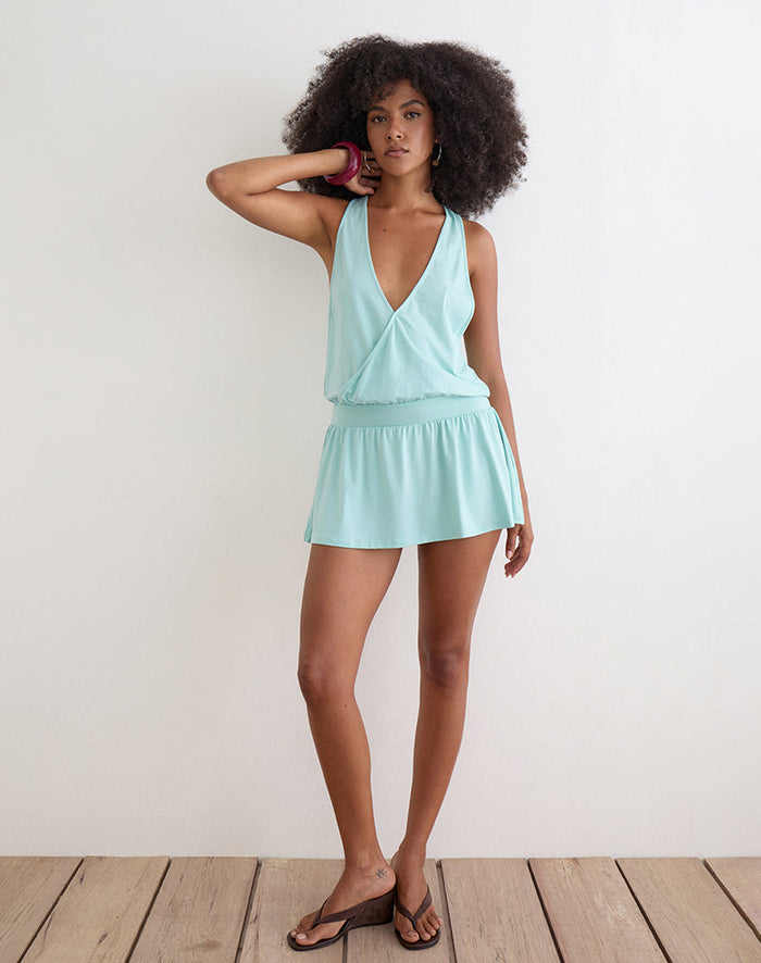 Image of Pippa Plunge Wrap Mini Dress in Jersey Aqua