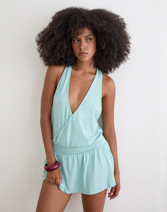 Image of Pippa Plunge Wrap Mini Dress in Jersey Aqua