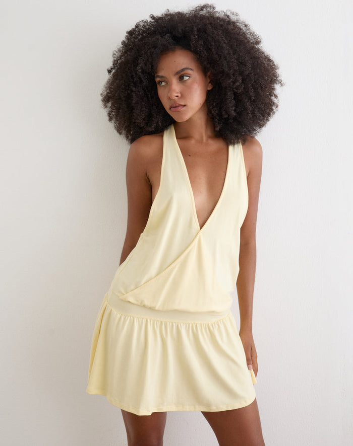 Image of Pippa Plunge Wrap Mini Dress in Lemon