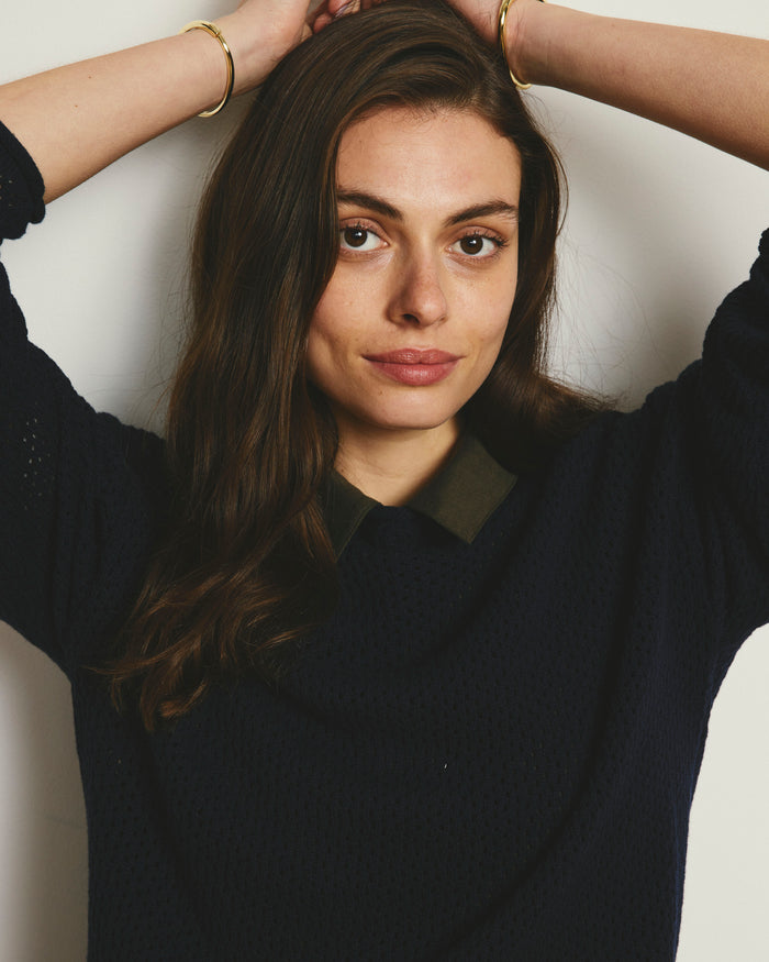 Positano Pointelle Mock Neck Sweater - Navy | Plus Size & Straight Size Women's Fashion | Universal Standard
