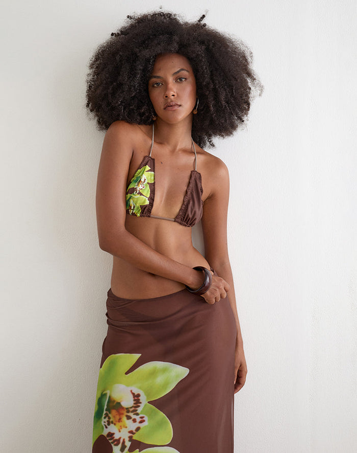 Image of Pumyla Bikini Top in Brown with Green Dendrobium Flower