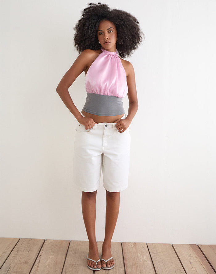 Image of Rania Backless Top in Satin Organza Pink with Grey Contrast