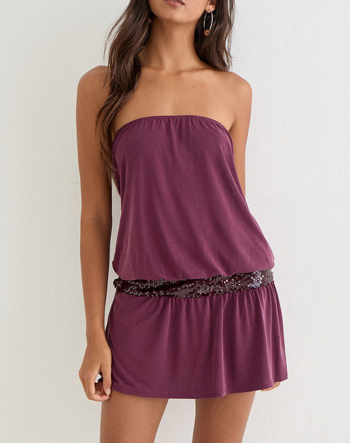 Image of Ratana Bandeau Mini Dress in Cupro Deep Purple with Sequin Waistband