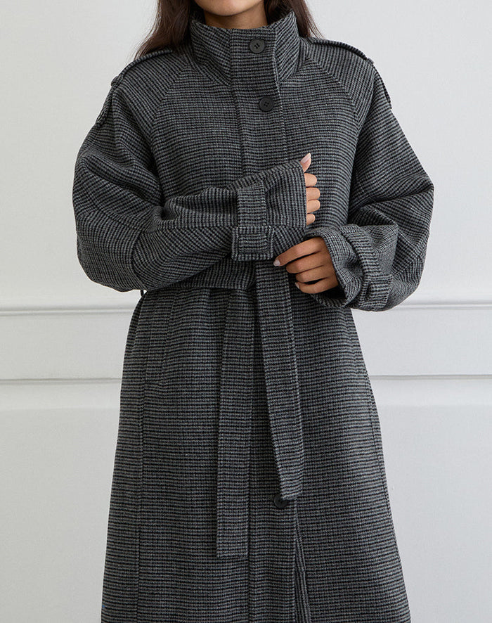 Image of Ravari Belted Trench Coat in Charcoal Check