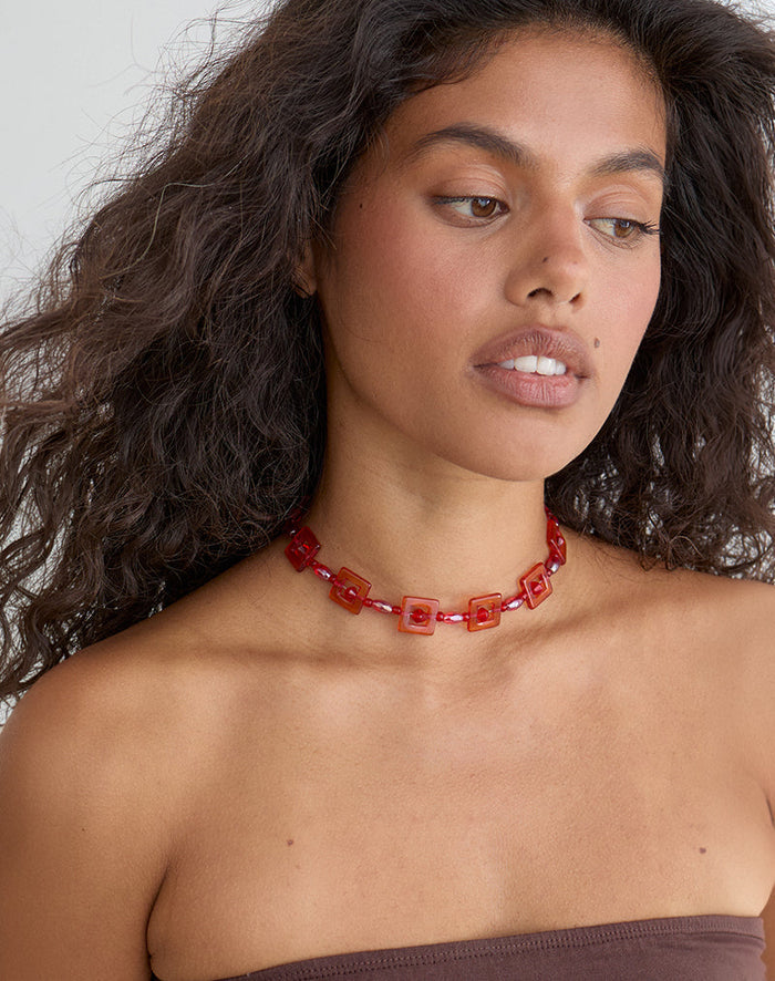 Image of Red and Pink Square Beaded Necklace