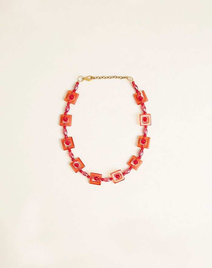 Image of Red and Pink Square Beaded Necklace