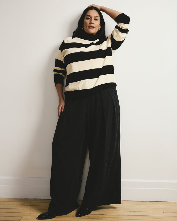 Renee Savvy Fine Knit Raglan Turtleneck - Black/Ecru Rugby Stripe | Plus Size & Straight Size Women's Fashion | Universal Standard