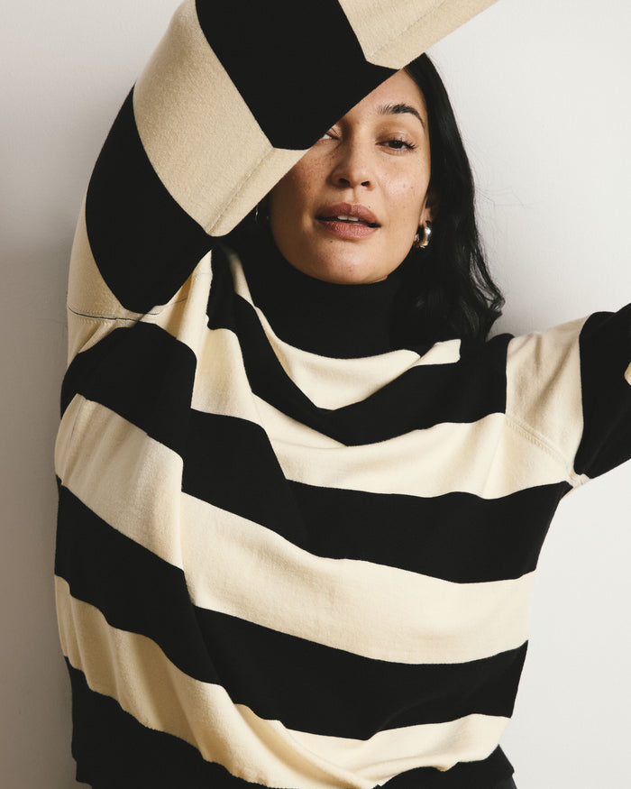 Renee Savvy Fine Knit Raglan Turtleneck - Black/Ecru Rugby Stripe | Plus Size & Straight Size Women's Fashion | Universal Standard